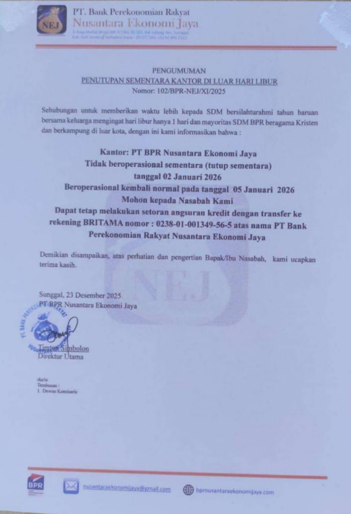 Pengumuman rencana  penutupan sementara kantor diluar hari libur