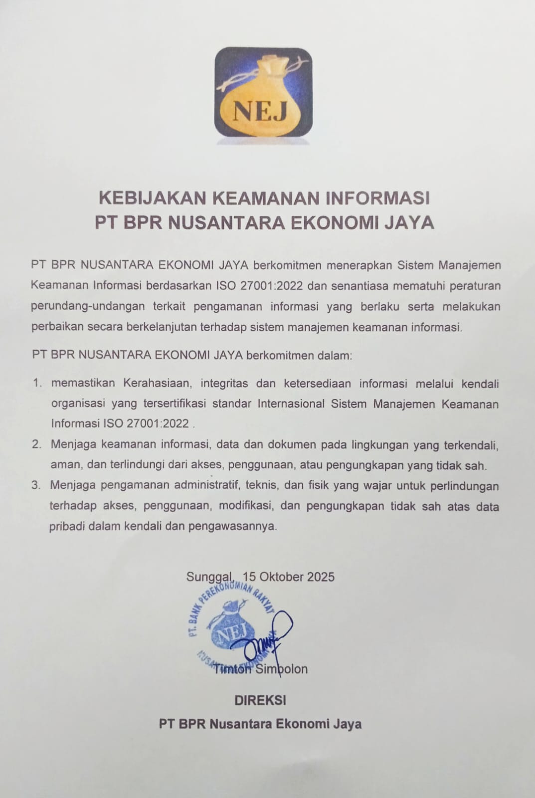 Kebijakan Keamanan Informasi PT BPR Nusantara Ekonomi Jaya