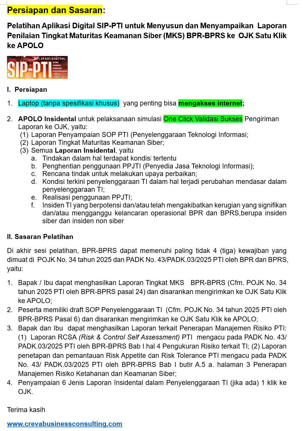 Persiapan dan Sasaran: Pelatihan Aplikasi Digital SIP-PTI untuk Menyusun dan Menyampaikan Laporan Penilaian Tingkat Maturitas Keamanan Siber (MKS) BPR-BPRS ke OJK Satu Klik ke APOLO